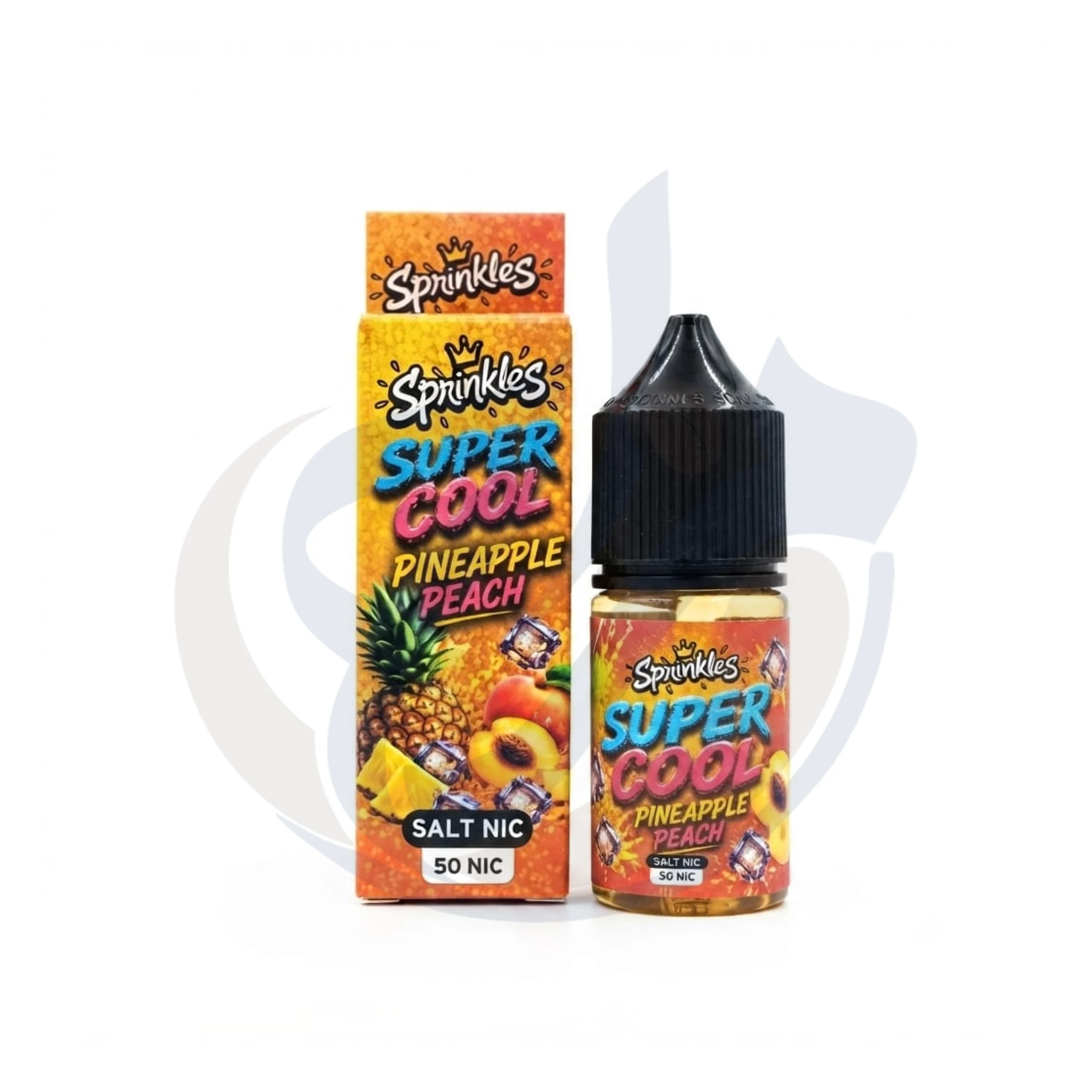 Sprinkles Super Cool Saltnic Pineapple Peach - 49219557130459 Sprinkles Super Cool Pineapple Peach Salt Nic e-liquid bottle and box